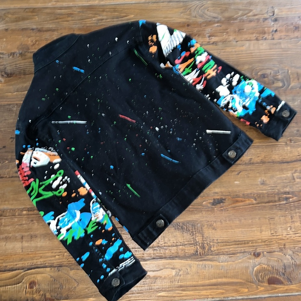 NWOT Akademiks Painted Graffiti Kids Black Jeans Jacket - Picture 5 of 6